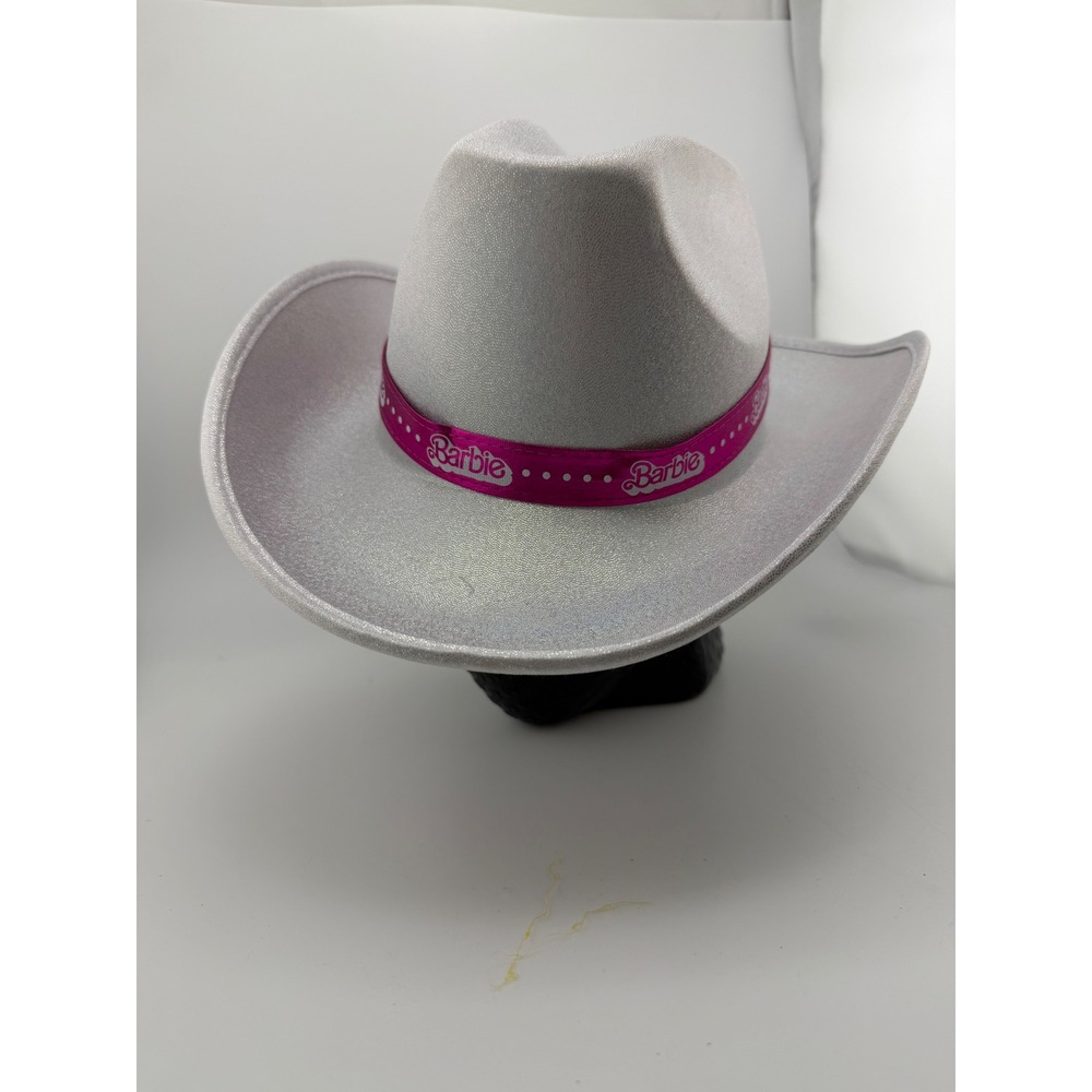 Barbie Silver Glitter Cowboy Hat Pink Logo‎ Ribbon Western Costume Accessory